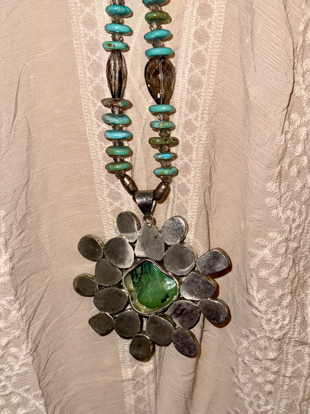 A Rare Bird Turquoise Stone Floral Pendant Necklace - Women Jewelry - Picture 5 of 5